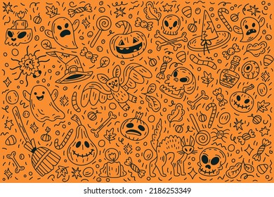 Halloween doodle background with various celebration decorative elements. Skulls, pumpkins, sweets, ghosts, witch hats, candles, autumn leaves. For websites, social media and prints