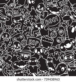 Halloween doodle background. White contour on black. Vector hand drawn pattern.