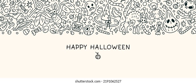 Halloween doodle banner with various celebration decorative elements. Skulls, bats, pumpkins, sweets, ghosts, witch hats, candles, autumn leaves. For mailing lists, websites, social media and prints