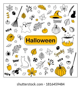 Halloween doodle. Cartoon set of black festive elements: ghost, skull, pumpkin, broom, spider, potion cauldron, cat, mushrooms, hat, treats, acorn, chestnut. Halloween silhouettes. Vector illustration