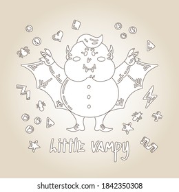 Halloween Doodle Character Cute Little Chubby Vampire. Hand-drawn vector illustration with a Creature with Fangs and Wings and small patterns. For Coloring Book, posters, greeting cards