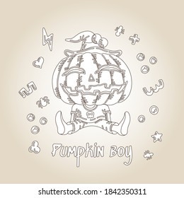Halloween Doodle Character Jack o Lantern. Hand drawn vector illustration with Pumpkin and small patterns. Mystery, All Saints Day concept for Coloring book, halloween party, posters, greeting cards