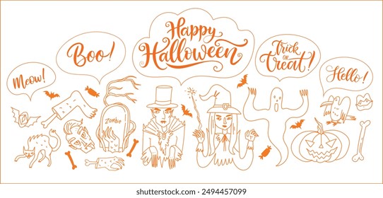 Halloween doodle characters set - witch, vampire, zombie and ghost in festive outfits with lettering text Happy Halloween. Vector banner or greeting card design template with lettering exclamation