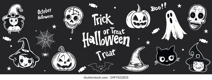 Halloween doodle collection  featuring pumpkins, skulls, ghosts, witch hats and trick or treat text. Vector illustration in halftone design for banner or poster, grunge coquette y2k collage design 