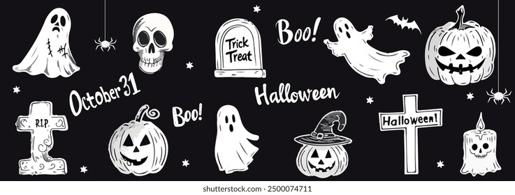 Halloween doodle collection ghosts, skulls, tombstones, pumpkins, witch hats and cheerful inscriptions. Vector illustration in halftone design for banner or poster, grunge coquette y2k collage design