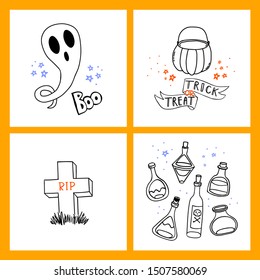 Halloween doodle collection of hand drawn icons. Spooky and fun doodle elements for halloween decorations and sticker. EPS 8