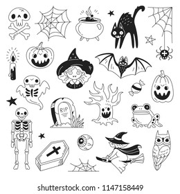 Halloween doodle collection. Vector illustration of funny black and white icons such as skeleton, grave, skull, pumpkin, owl, toad, cat, ghost and a witch isolated on white.