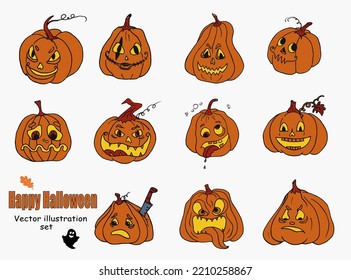 Halloween doodle color funny sketch set of pumpkin icon. Hand drawn vector illustration. Emoji pumpkin symbols. Graphic design elements for creating illustrations, isolated on white background.