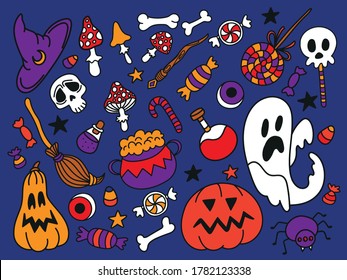 Halloween doodle colorful elements vector illustration witch hat skull ghost candy pumpkin