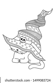 Halloween doodle coloring book page cat in the witch hat