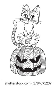 Halloween doodle coloring book page cat and pumpkin. Antistress zentangle for adults. Outline black and white illustration.