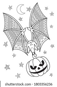 Halloween doodle coloring book page bat with pumpkin. Antistress for adults black and white illustration. Stock vector