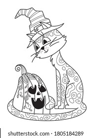 Halloween doodle coloring book page cat and pumpkin. Antistress zentangle for adults. Outline black and white illustration.