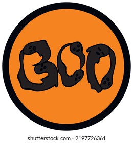 Halloween doodle design on black and orange background. Hand drawn illistration for Halloween decorations, stickers, cards,  t-shirts, mugs, backgrounds.