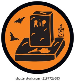 Halloween doodle design on black and orange background. Hand drawn illistration for Halloween decorations, stickers, cards,  t-shirts, mugs, backgrounds.