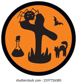 Halloween doodle design on black and orange background. Hand drawn illistration for Halloween decorations, stickers, cards,  t-shirts, mugs, backgrounds.
