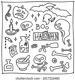 Halloween-Doodle-Element mit Schädel Knochen Fledermäuse Würze Kerzen und Giftflaschen monochrome schwarze Herbst Feier linearen doodle Skizze Objekte einzeln auf weißem Hintergrund