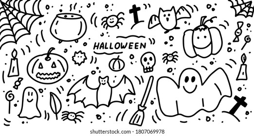 Halloween doodle elements collection. Hand drawn icon set. Pumpkin, Ghost, bat, cauldron, skull, spider web, witch s broom. Cartoon vector illustration isolated on white background