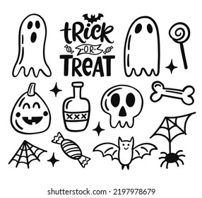 Halloween doodle elements set. Funny Hand drawn cartoon sketches, isolated on white. Vector cute illustration. Seasonal objects and symbols. Kids decoration icons collection. Vector illustration