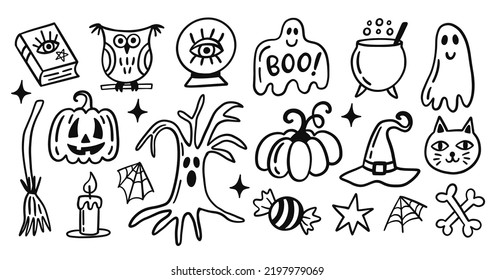 Halloween doodle elements set. Funny Hand drawn cartoon sketches, isolated on white. Vector cute illustration. Seasonal objects and symbols. Kids decoration icons collection. Vector illustration