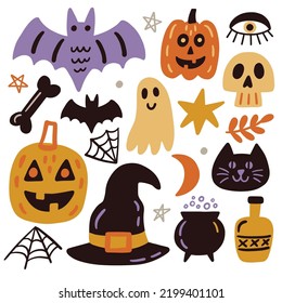 Halloween doodle elements set. Funny Hand drawn cartoon sketches, isolated on white. Vector cute illustration. Seasonal objects and symbols. Kids decoration icons collection.