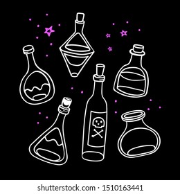 Halloween doodle elexirs with venom and potion. Spooky and fun hand drawn icon elements for halloween decorations and sticker. EPS 8
