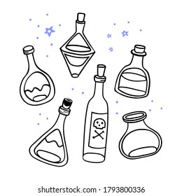 Halloween doodle elexirs with venom and potion. Witchy Bottles with poison. Spooky hand drawn icon elements for halloween design. EPS 8