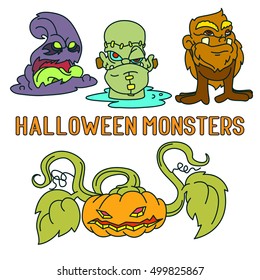 Halloween doodle fanny monsters. Hallloween monsters characters.
