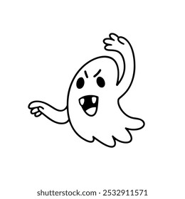 Fantasma del doodle de Halloween. Lindo poltergeist asusta a otros. Truco o trato. Ilustración de contorno de Vector. Para libro de colorear.