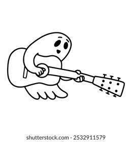 Fantasma del doodle de Halloween. Lindo poltergeist con guitarra. Truco o trato. Ilustración de contorno de Vector. Para niños libro para colorear. Personaje de dibujos animados espeluznante.