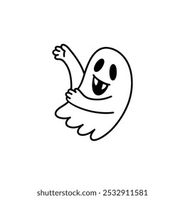 Fantasma del doodle de Halloween. Lindo poltergeist Muestra algo. Ilustración de contorno de Vector. Para libro de colorear.