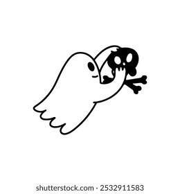 Fantasma del doodle de Halloween. Lindo poltergeist con calavera. Ilustración de contorno de Vector. Para libro de colorear.