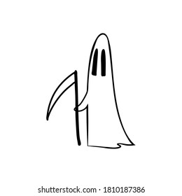 Halloween doodle ghost with scythe. Spooky and fun hand drawn grim reaper icon for halloween design. EPS 8