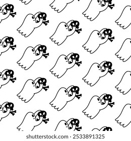 Halloween rabiscar fantasma padrão sem costura. Poltergeist bonito com crânio. Personagens de desenho animado. Festa de Halloween com monstros. Ilustração vetorial para papel de parede.