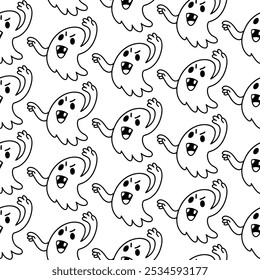 Halloween rabiscar fantasma padrão sem costura. Poltergeist bonito assusta os outros. Personagens de desenho animado. Festa de Halloween com monstros. Truque ou Trate. Ilustração vetorial para papel de parede.