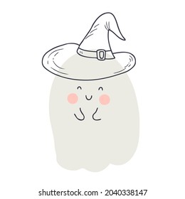 El doodle de Halloween de fantasma con sombrero de brujas. Perfecto para camisetas, textiles e impresiones. Ilustración vectorial dibujada a mano para la decoración y el diseño.