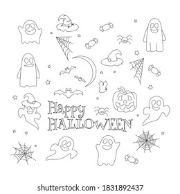 Doodle de Halloween, gran diseño para cualquier propósito. Icono negro Esbozar Feliz Halloween sobre fondo blanco. Dibujo de vectores. Ilustración de conjunto aislada. Ilustración de la mano del vector.