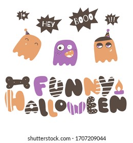Halloween doodle greeting card. Cute ghosts vector illustration.