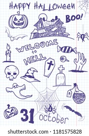 Halloween Doodle hand drawn attributes, squared sheet