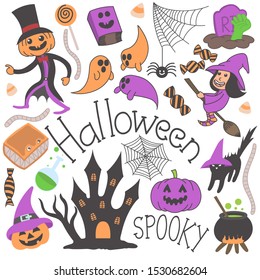 Halloween doodle hand drawn illustrations, pumpkin, book, ghost, spider, web, candy, witch, grave, hand, cat, worm, haunted, castle, cauldron, orange, black and white