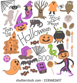 Halloween doodle hand drawn illustrations, mummy, pumpkin, witch, tree, ghost, cat, owl, skull,  cauldron, snake, hand, grave, book, haunted, spider, web, orange and black