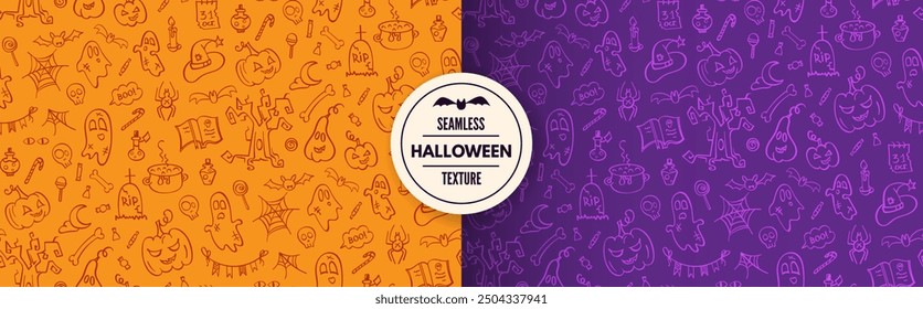 Halloween doodle hand drawn seamless pattern. Cute background with illustration of pumpkins, ghost, skulls, candy, bats and other creative thematic elements. Texture for wallpaper, print, fabric.