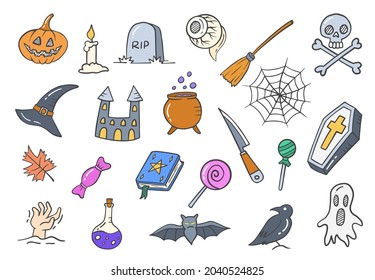 halloween doodle hand drawn set collections with flat outline style