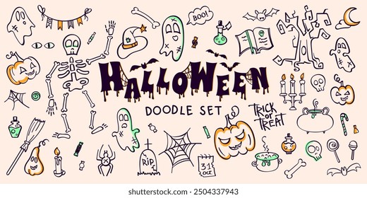 Halloween doodle hand drawn set of elements. Cute illustration of pumpkins, ghosts, skeleton, skulls, candy, bats, spiders and other creative thematic elements. Sketches, vector line stickers.