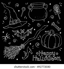 Halloween doodle hand drawn set of halloween symbols and elements: pumpkin, witch`s hat, sweet, broom, bat, star, spider and other.