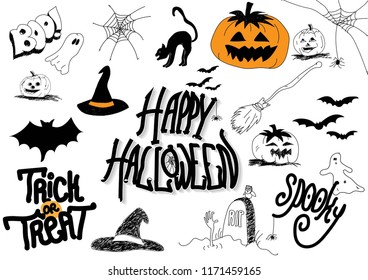 Halloween doodle, hand drawn, vector set
