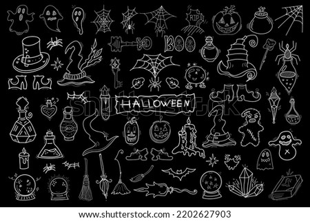 Halloween doodle hand drawn vector illustartion set on a blackboard.  Objects and symbols on the Halloween theme.