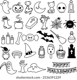 Halloween doodle dibujado a mano conjunto, dibujado a mano, Vector, doodle, ilustración, esquema, línea, dibujos animados, dibujo, lindo, aislado, fondo blanco, libro, conjunto