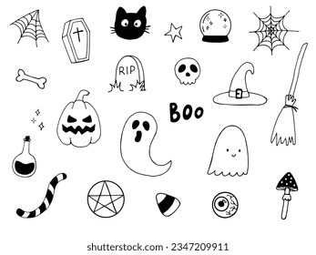 Halloween doodle icon set isolated on white background. Perfect for holiday decoration, stickers.  Vector collection of Halloween theme elements.