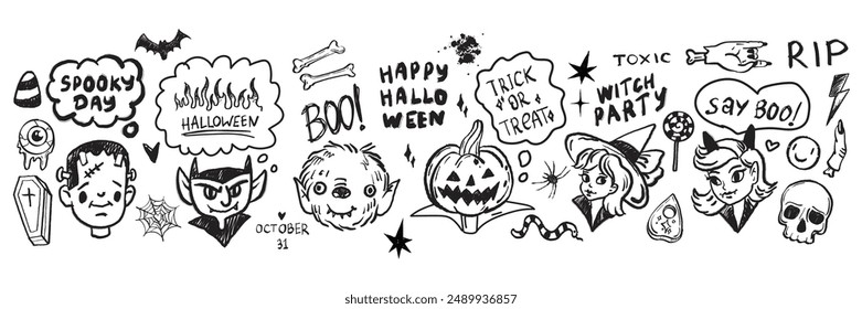 Halloween doodle icon set, vector holiday character face, cute cartoon witch, vampire face, pumpkin. Scary funny monster sticker pack, skull, spooky speech bubble inscription. Halloween doodle symbol